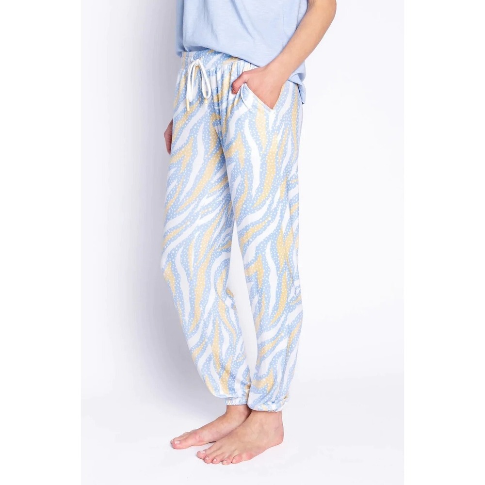 PJ Salvage Tiger Dots Pajama Pants Womens XS Ice Blue Yellow Drawstring‎ Waist